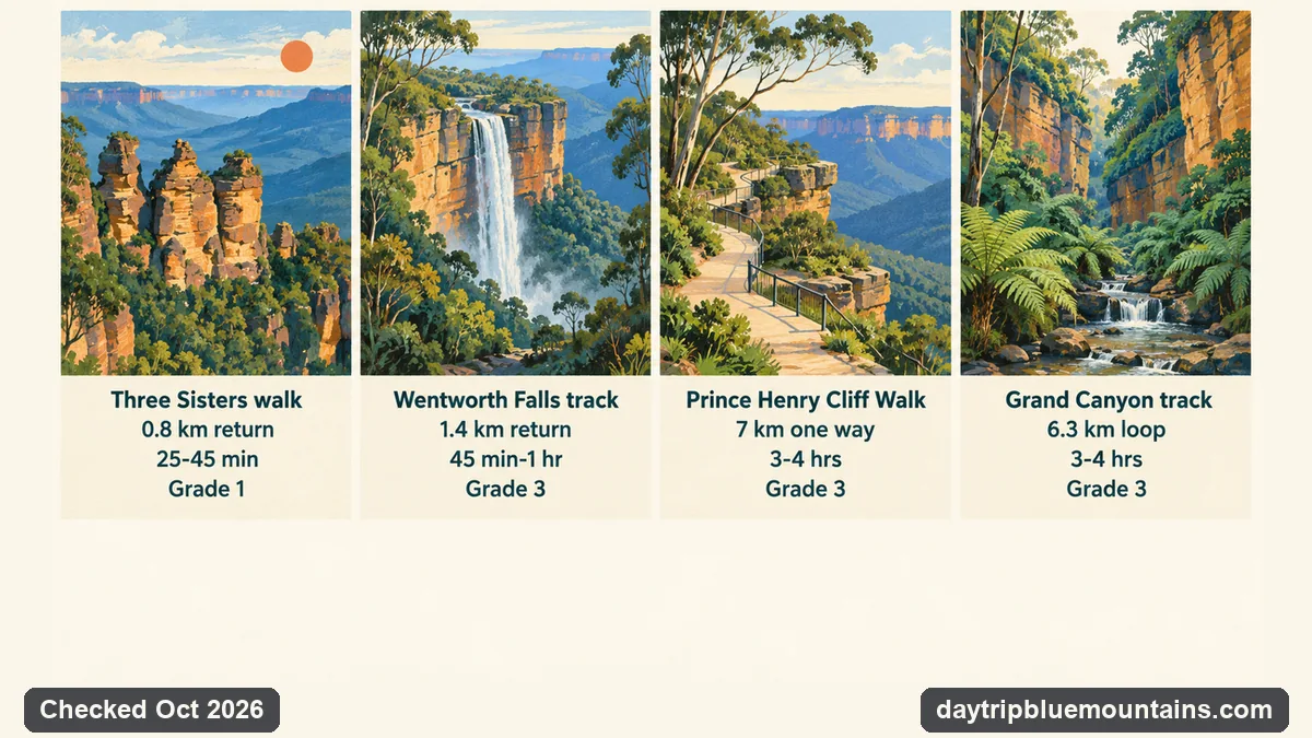 Infographic: four Blue Mountains walks compared by distance, time and grade: the Three Sisters walk, the Wentworth Falls track, the Prince Henry Cliff Walk and the Grand Canyon track