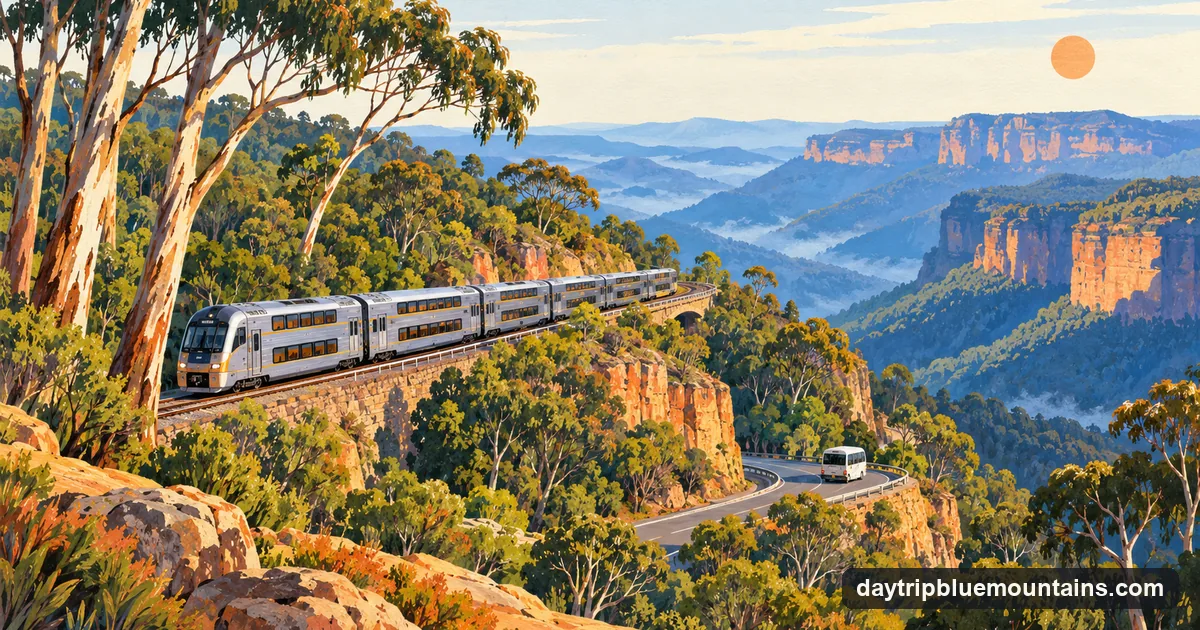 Illustration: a double-deck intercity train climbing through eucalypt forest towards the Blue Mountains, with a minicoach on the road below