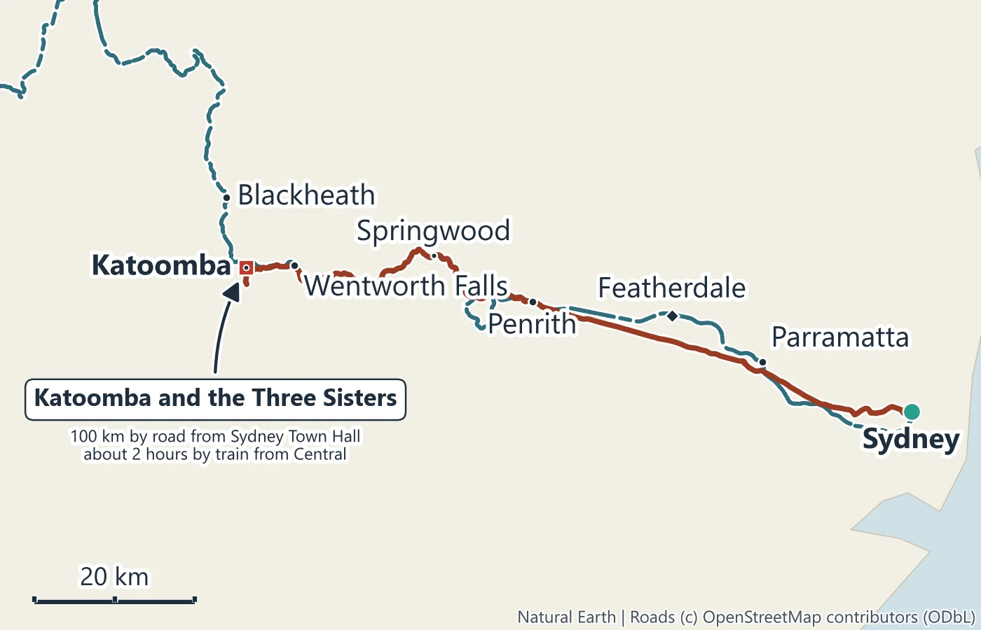 Map of the route from Sydney west through Parramatta, Featherdale and Penrith to Wentworth Falls, Katoomba and Blackheath, with the road and the Blue Mountains railway line