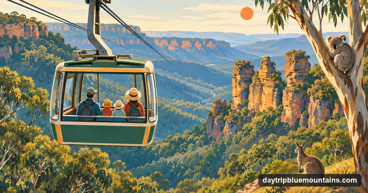 Illustration: a family seen from behind riding a bright cable car across a green valley towards sandstone cliffs, with a kangaroo and a koala in the eucalypts below