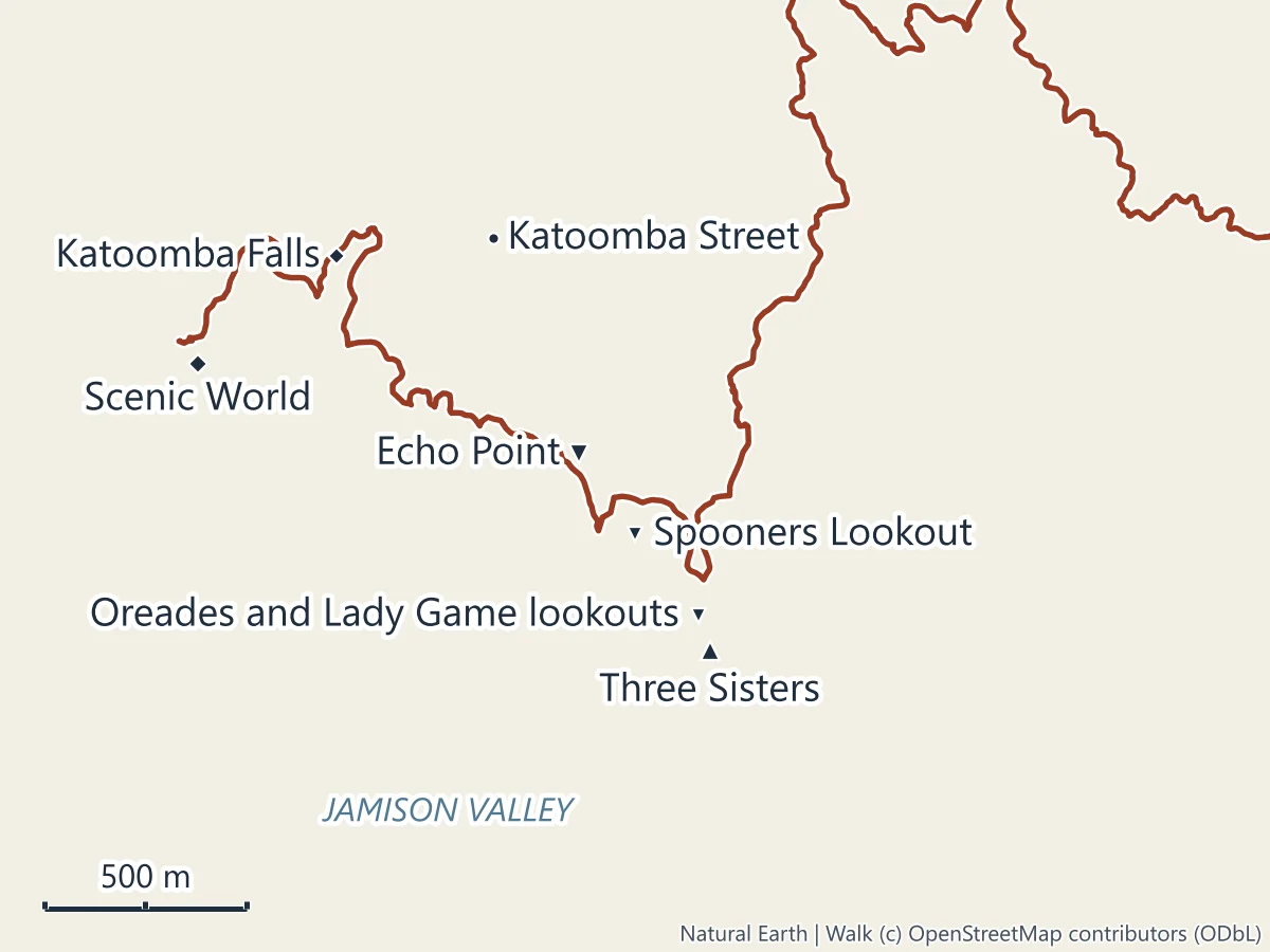 Map of Echo Point, Katoomba: Echo Point, Spooners Lookout, the Oreades and Lady Game lookouts, the Three Sisters, Katoomba Falls, Scenic World and Katoomba Street, with the Prince Henry Cliff Walk