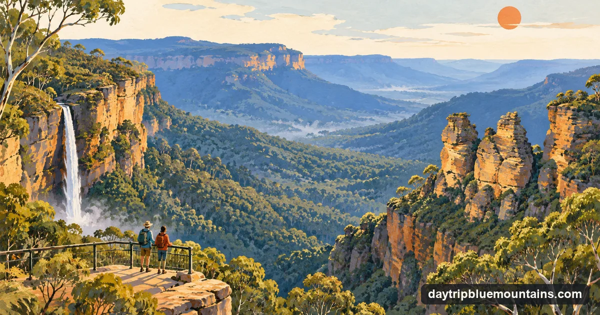 Illustration: the Three Sisters sandstone spires above the Jamison Valley in blue eucalypt haze, with walkers on a lookout in the foreground