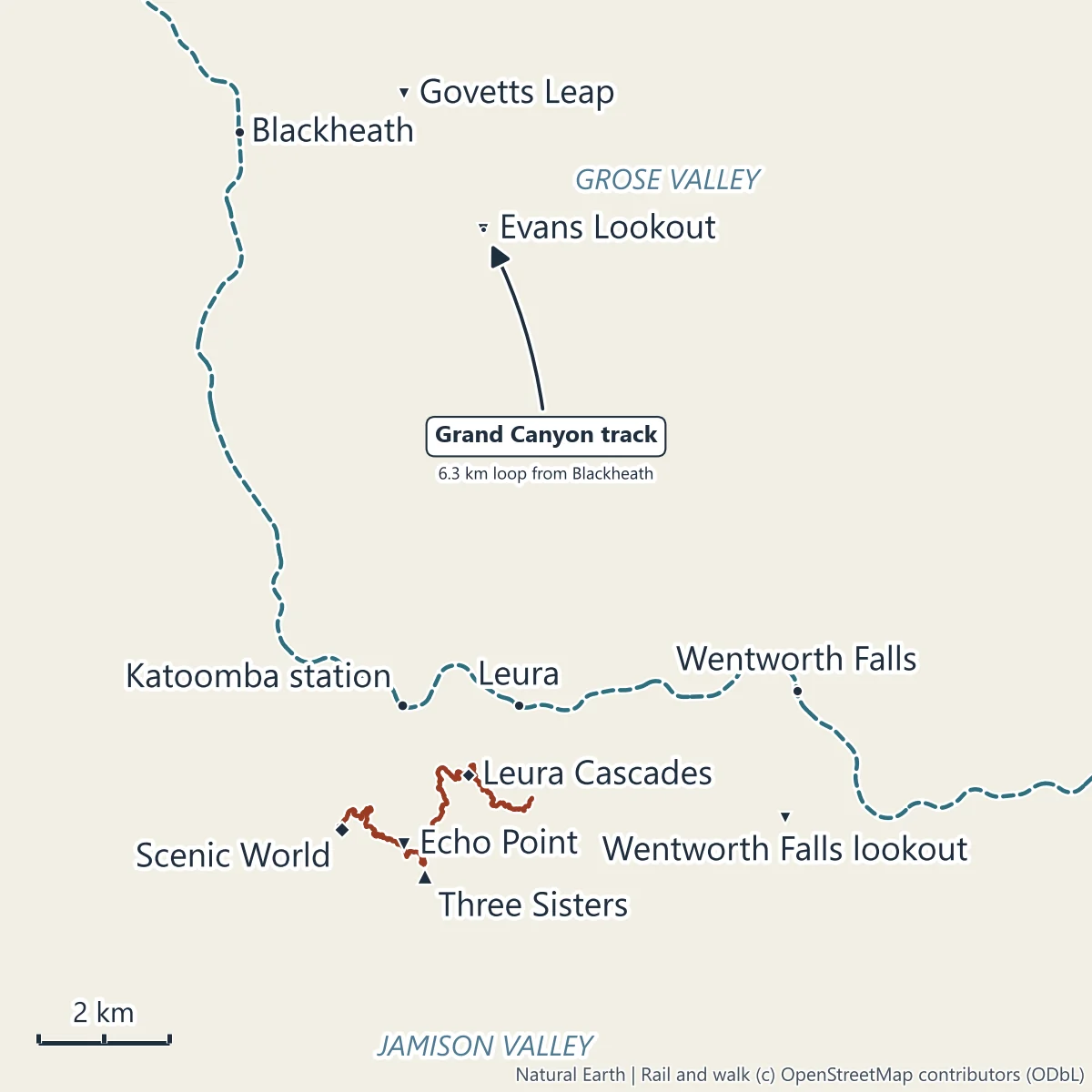 Map of the upper Blue Mountains: Katoomba station, Leura, Wentworth Falls and Blackheath on the railway, with Echo Point, the Three Sisters, Scenic World, Leura Cascades, Wentworth Falls lookout, Evans Lookout and Govetts Leap