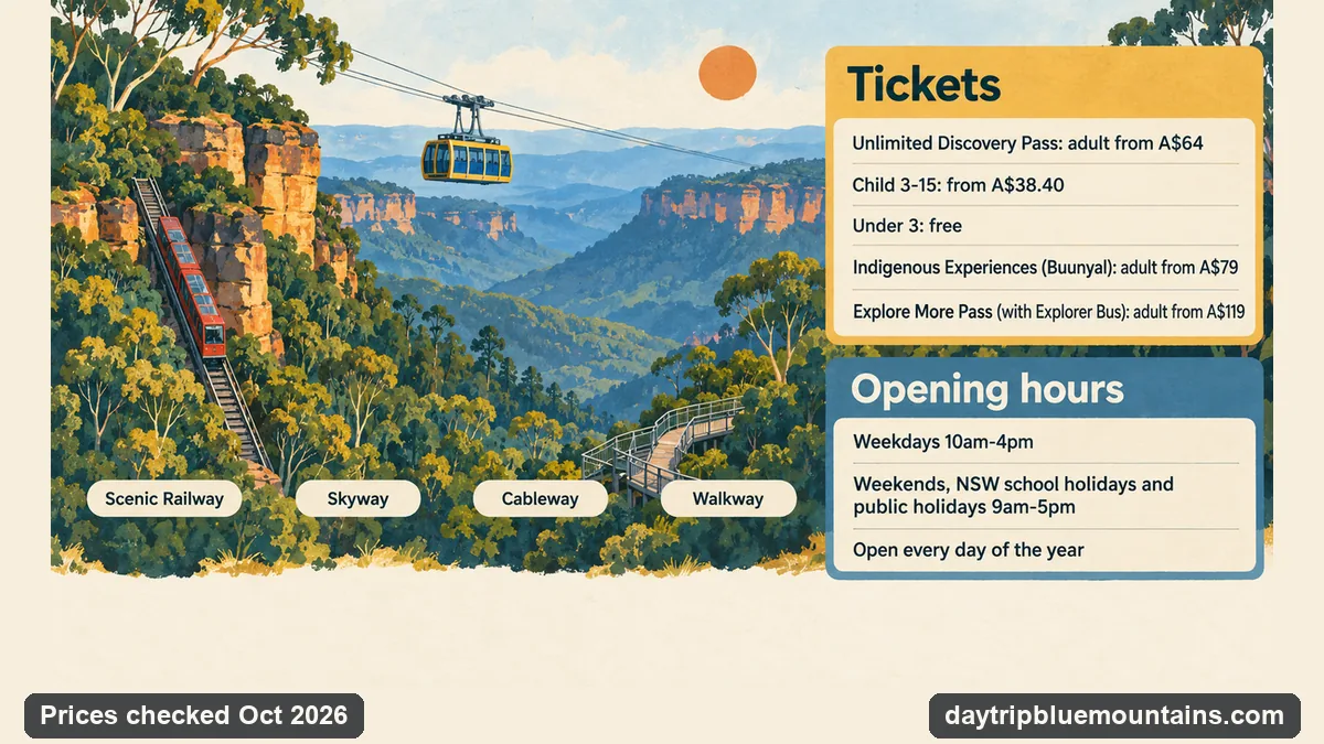 Infographic: Scenic World ticket prices for adults and children, the four attractions, and the weekday and weekend opening hours, checked October 2026