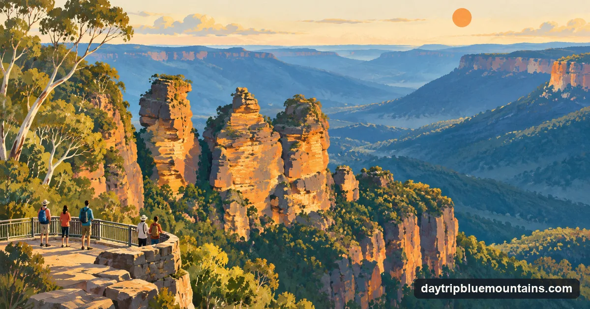 Illustration: the Three Sisters spires glowing gold in late-afternoon light above the blue haze of the Jamison Valley, with the Echo Point viewing platform in the foreground
