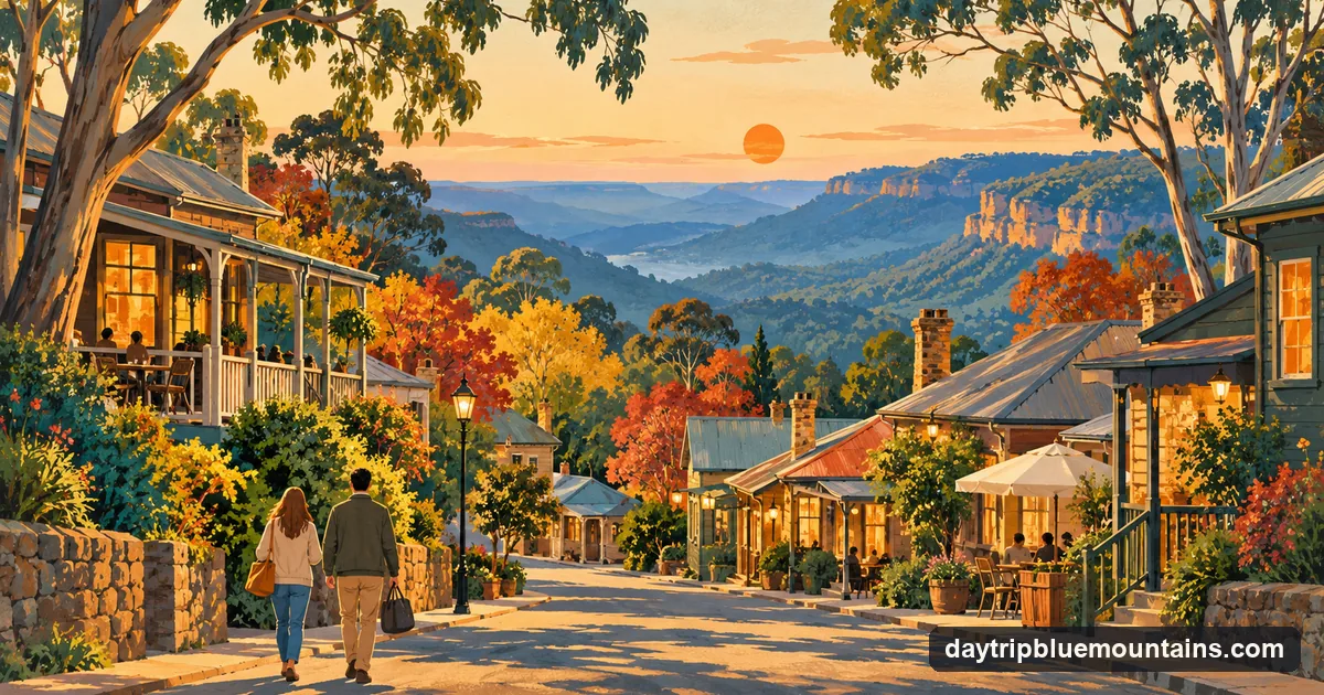 Illustration: a quiet mountain village street at dusk with timber cottages and cafes, eucalypts behind and the blue valley haze beyond the rooftops